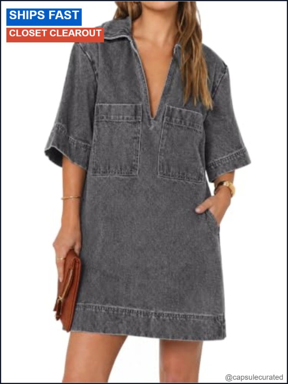 Women's Denim Jean Shift Mini Dress Collared V Neck Short Sleeve